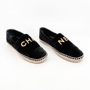 Chanel Logo Espadrilles EU 37 US 6-6.5 Black Velvet Rope Sole Slip On Flat Shoe